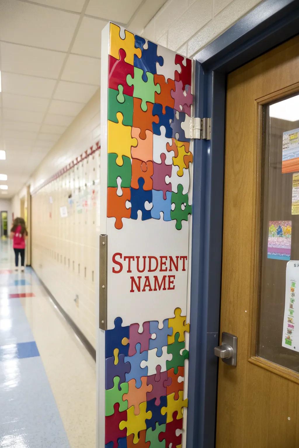 A united classroom entrance featuring jigsaw parts representing pupils.