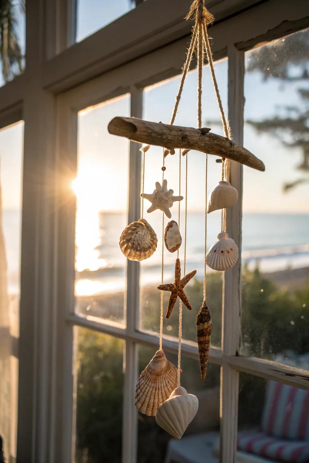 A seashell mobile injects motion and charm when suspended in a radiant window.