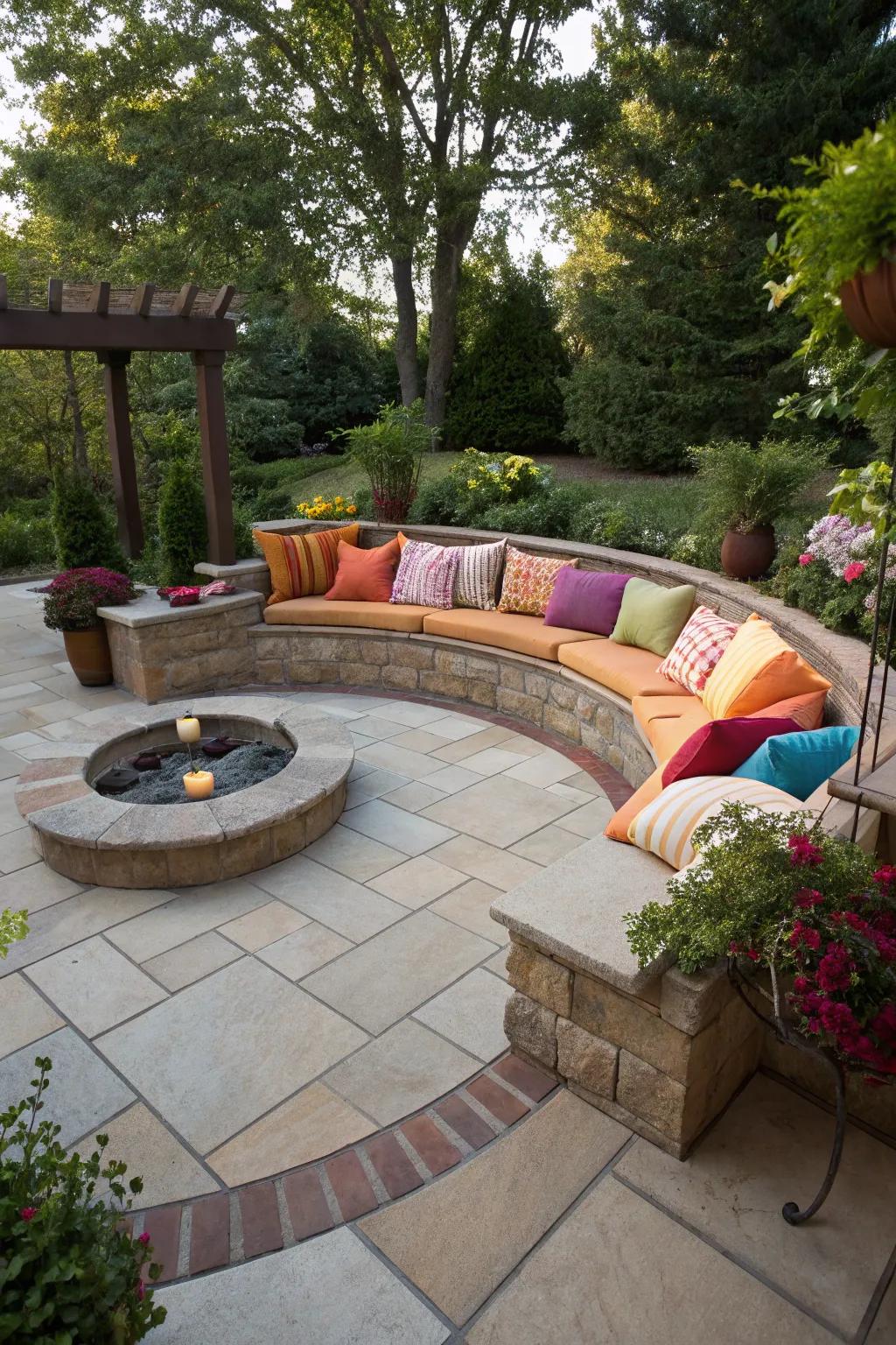 A recessed seating zone fosters a cozy enclave within your patio.