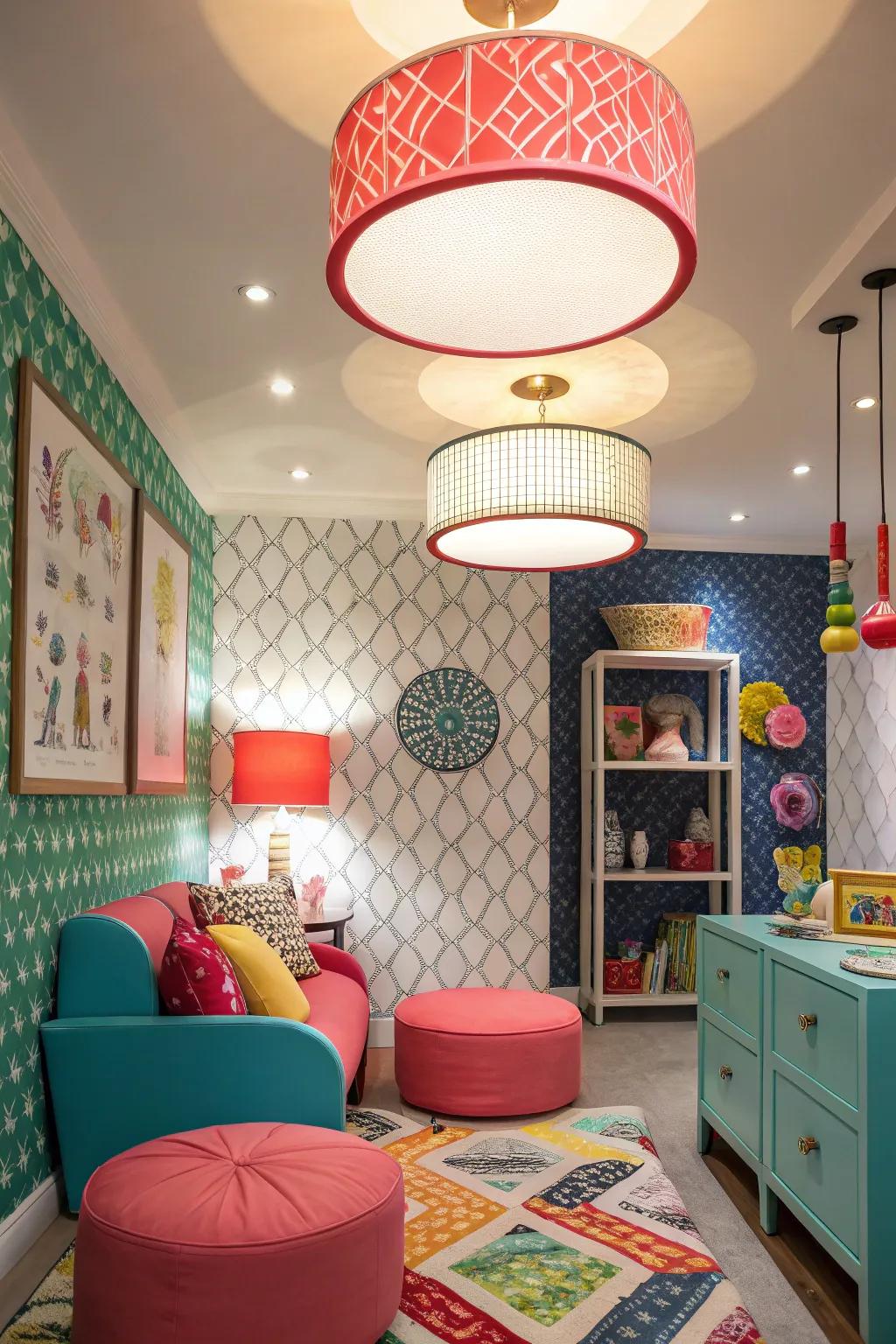 Incorporate a playful touch with vibrant lighting.