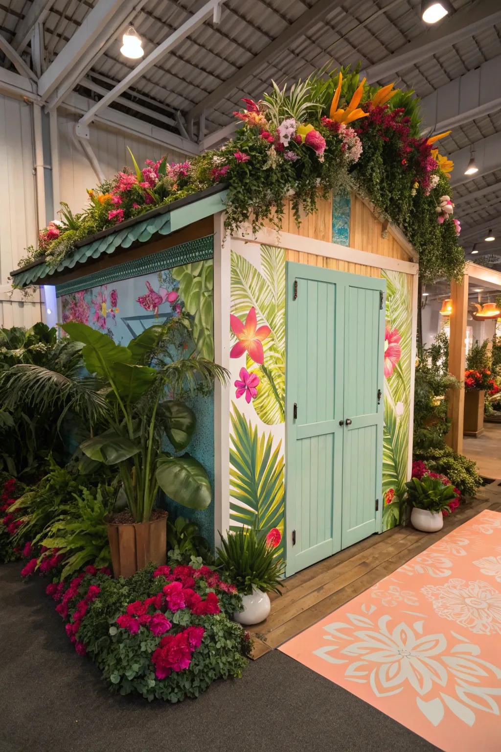 Develop a tropical hideaway in your she shed using vibrant decor and lush greenery.