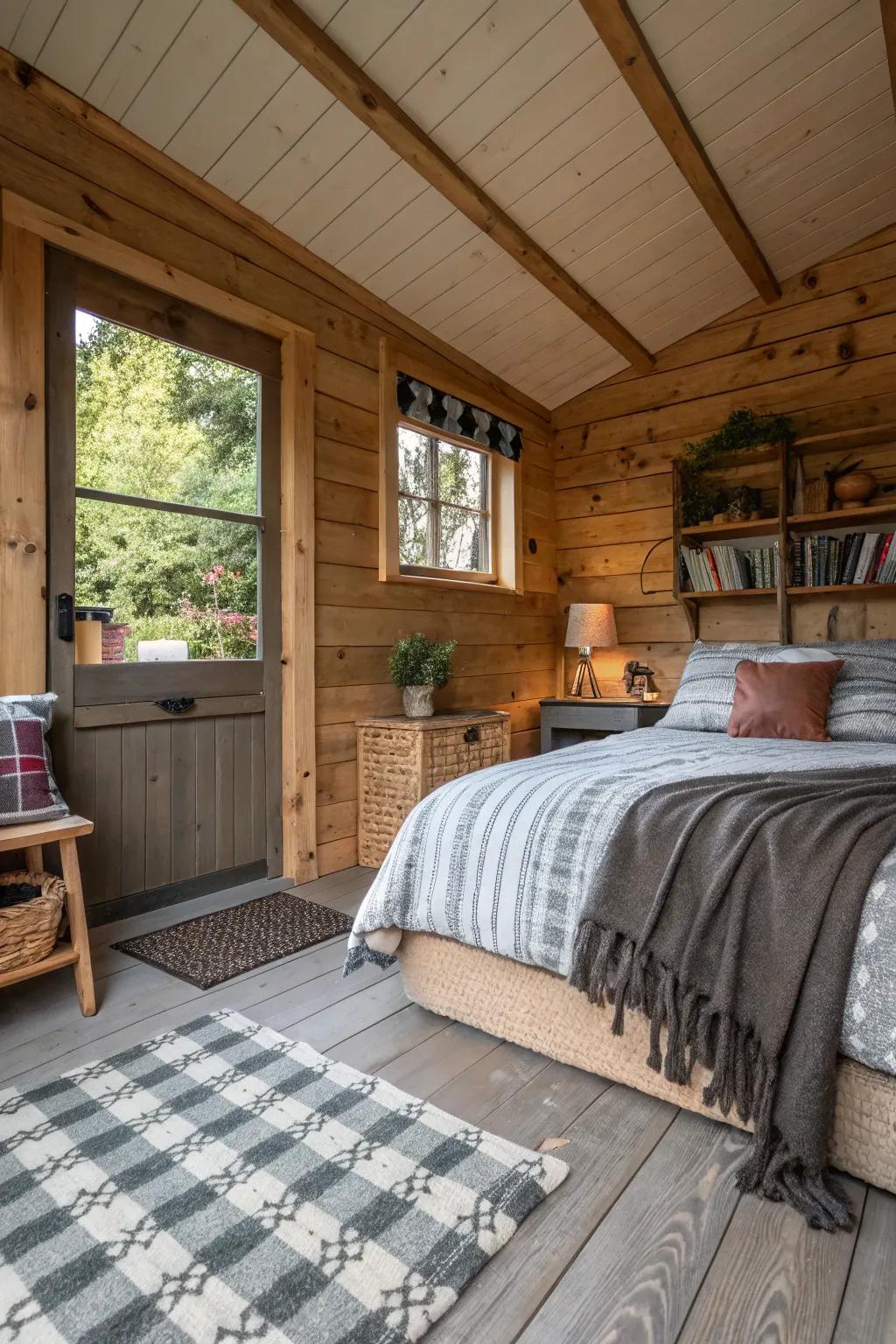 Layering textures adds depth and warmth to your shed bedroom.
