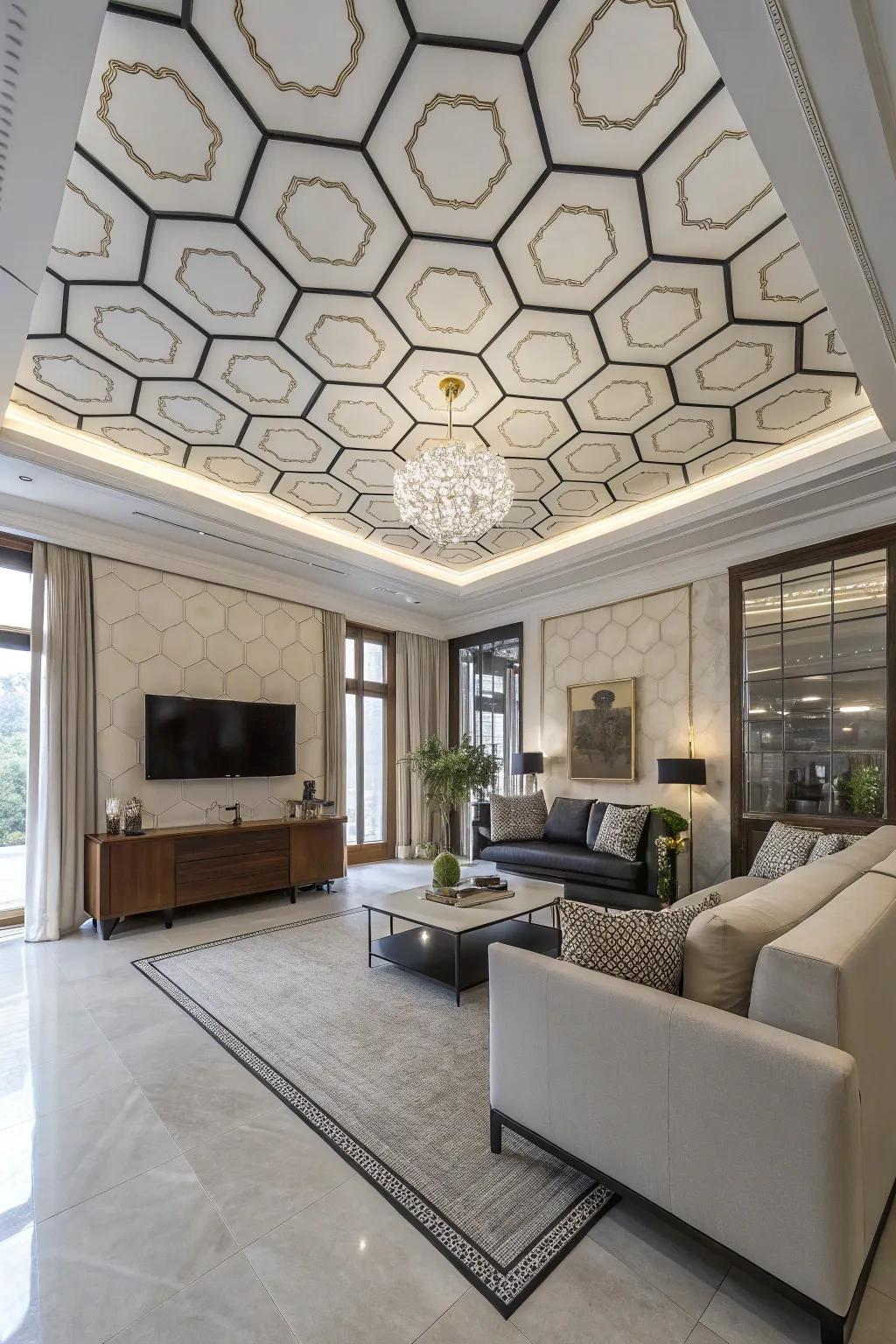 Artistic hexagonal designs within a contemporary shed ceiling.