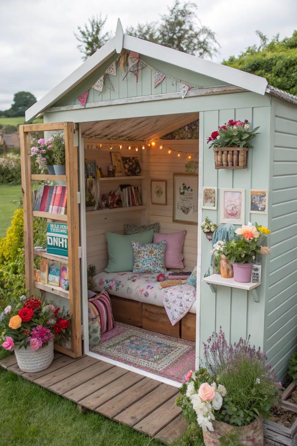 A garden shed converted into a cozy personalized sanctuary.