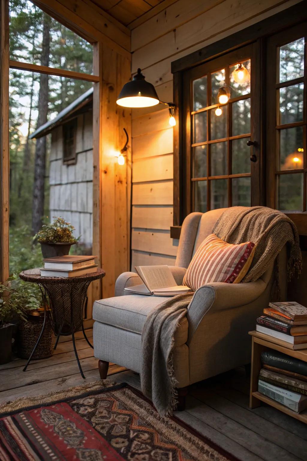 A reading nook gives a peaceful escape in a shed house.