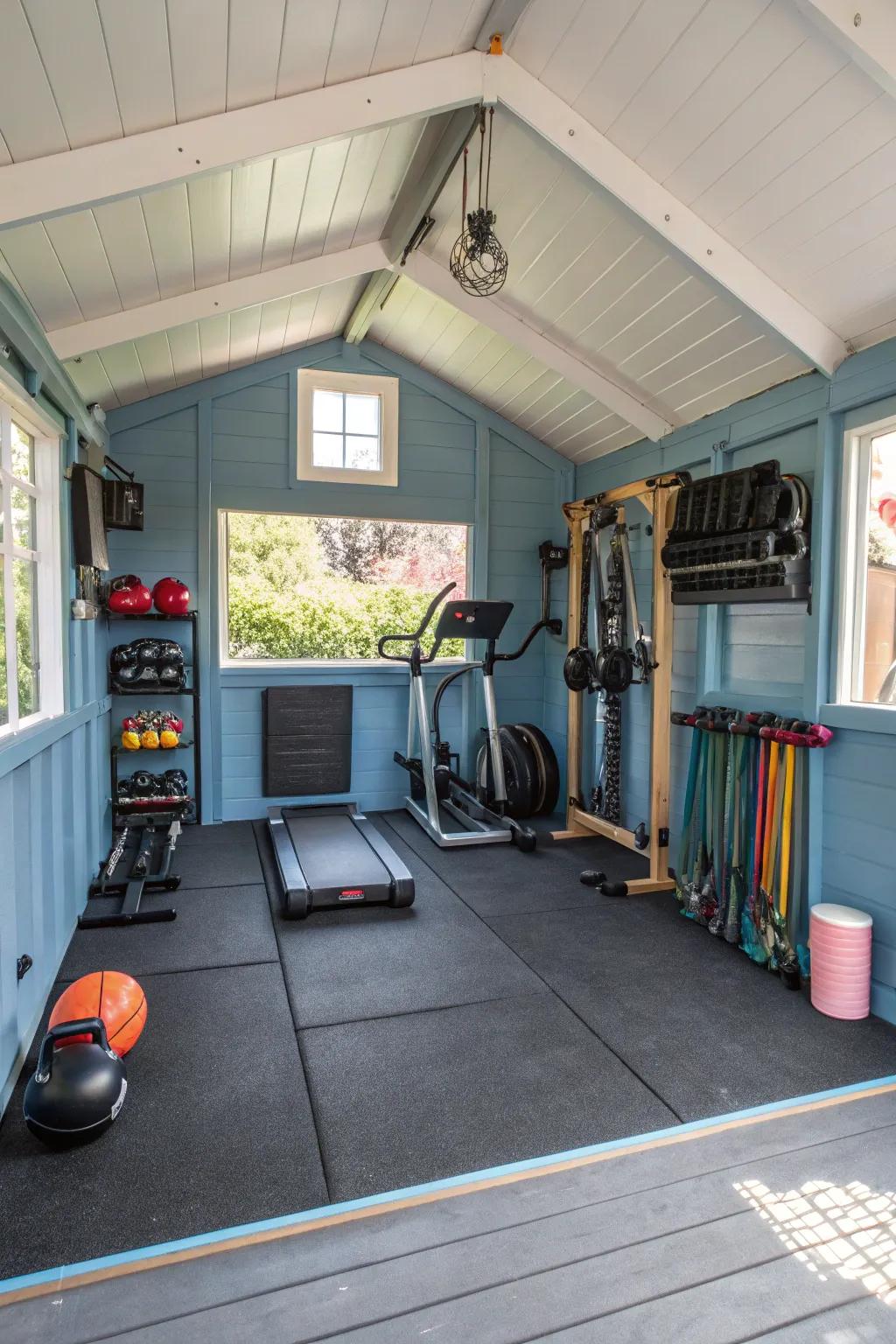 A shed designed as an inspiring fitness area.
