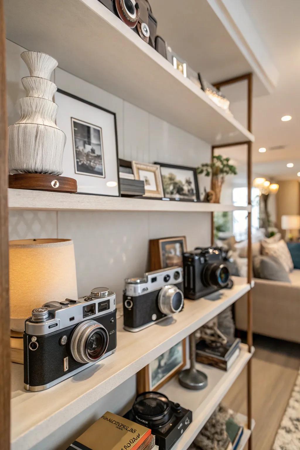 A selection of bygone cameras lends individualized charisma to shelves.