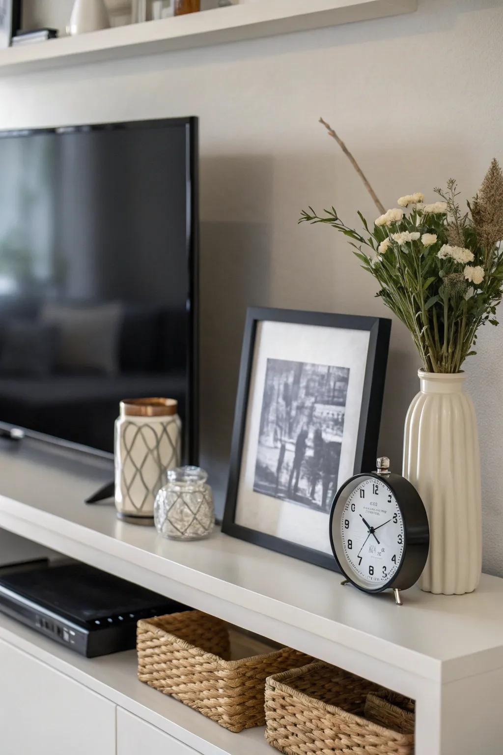 A minimalist shelf engenders a neat and modern spectacle above the TV.