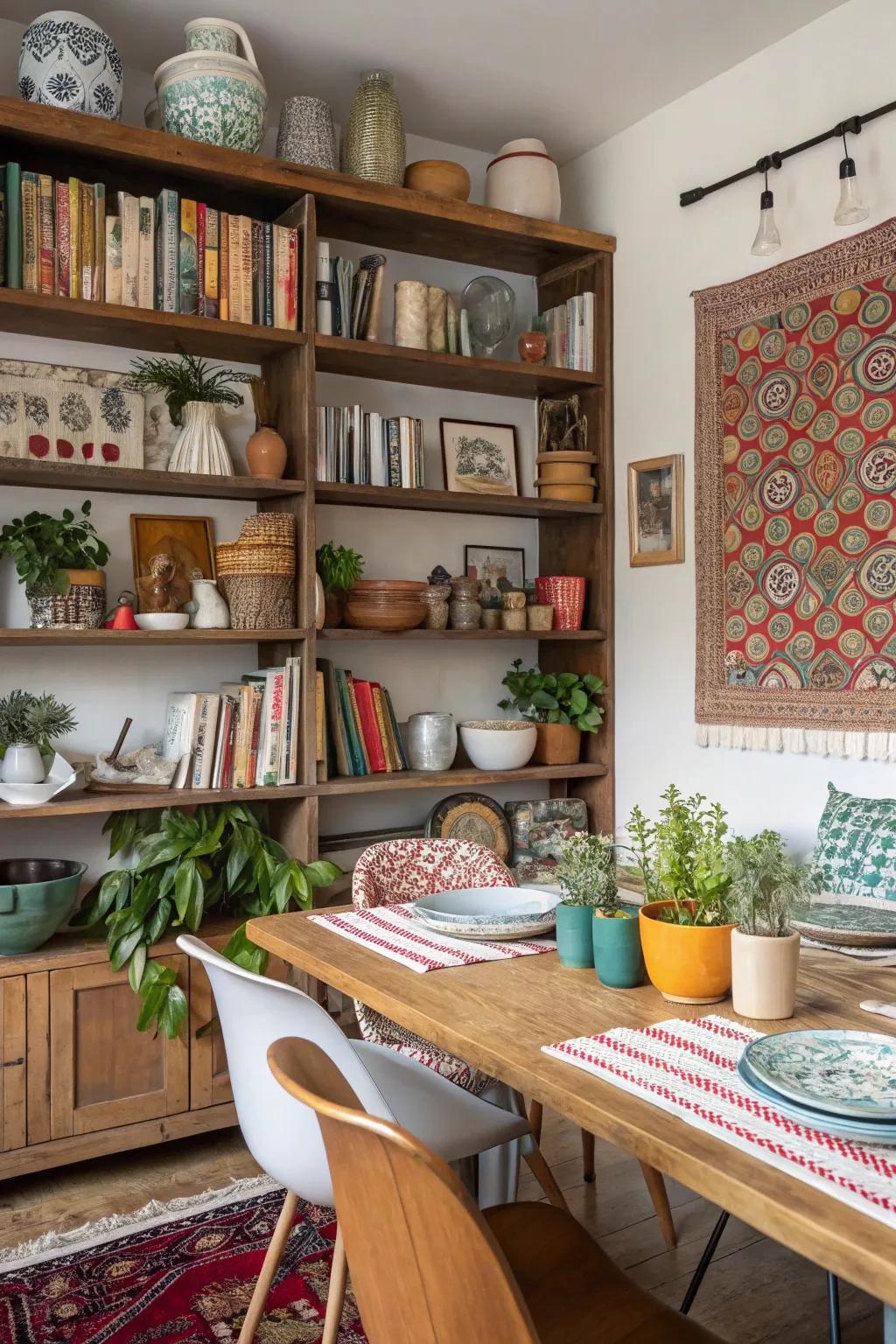 Showcasing a singular hint through an eclectic mix of aesthetics across the dining room shelves.