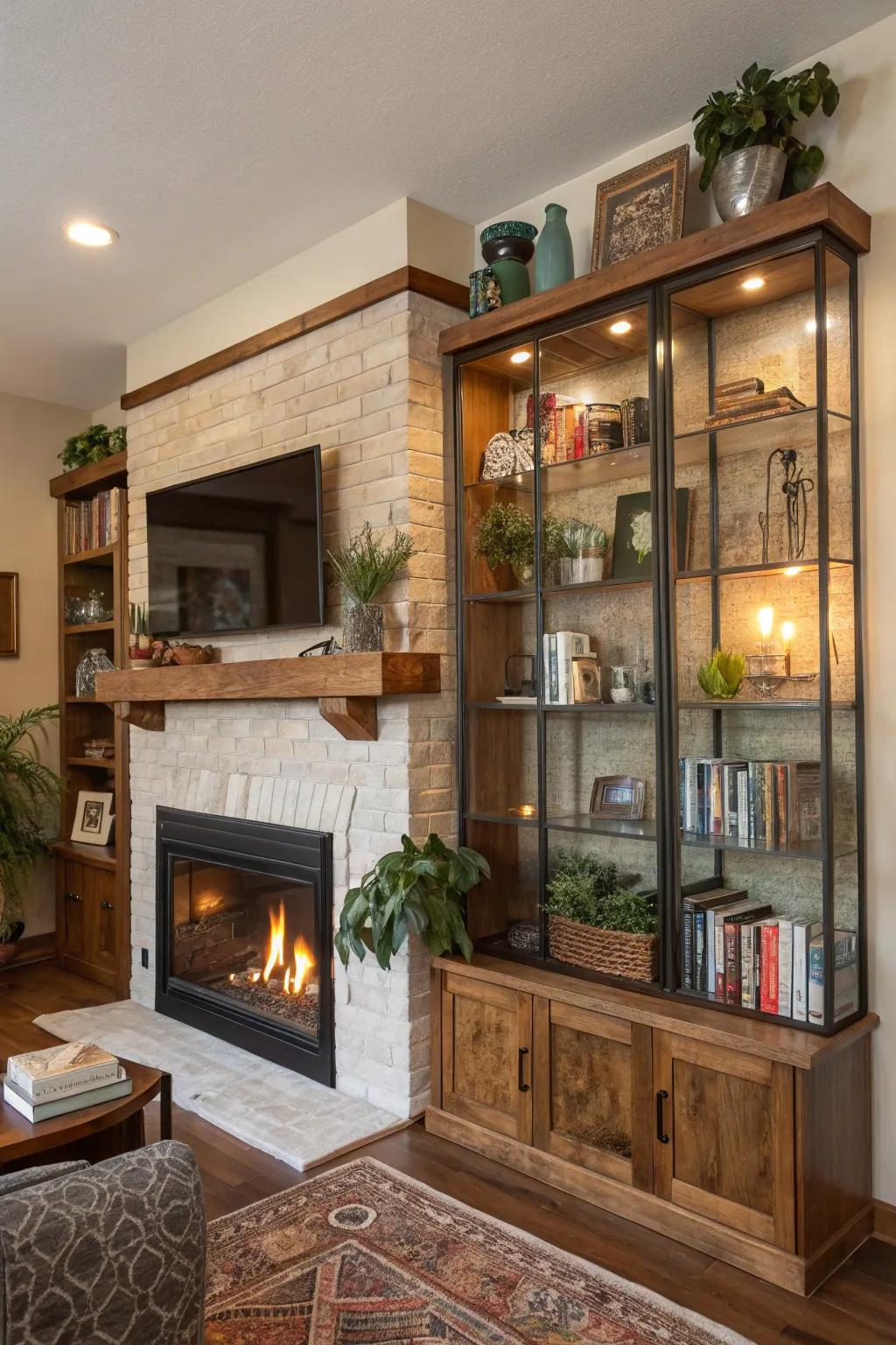 Varied materials add depth and intrigue to the shelves.