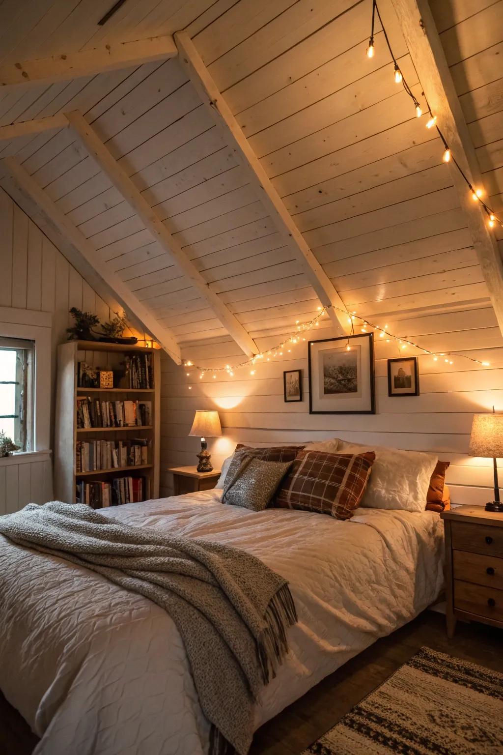A shiplap ceiling elevates the snug feel of your bedroom.