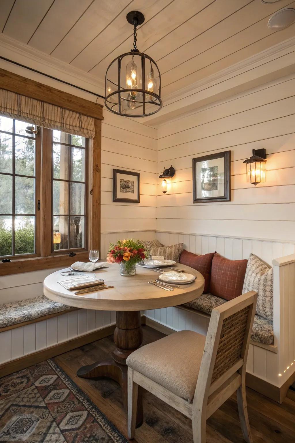 A cozy corner nook featuring shiplap walls and comfortable seating.