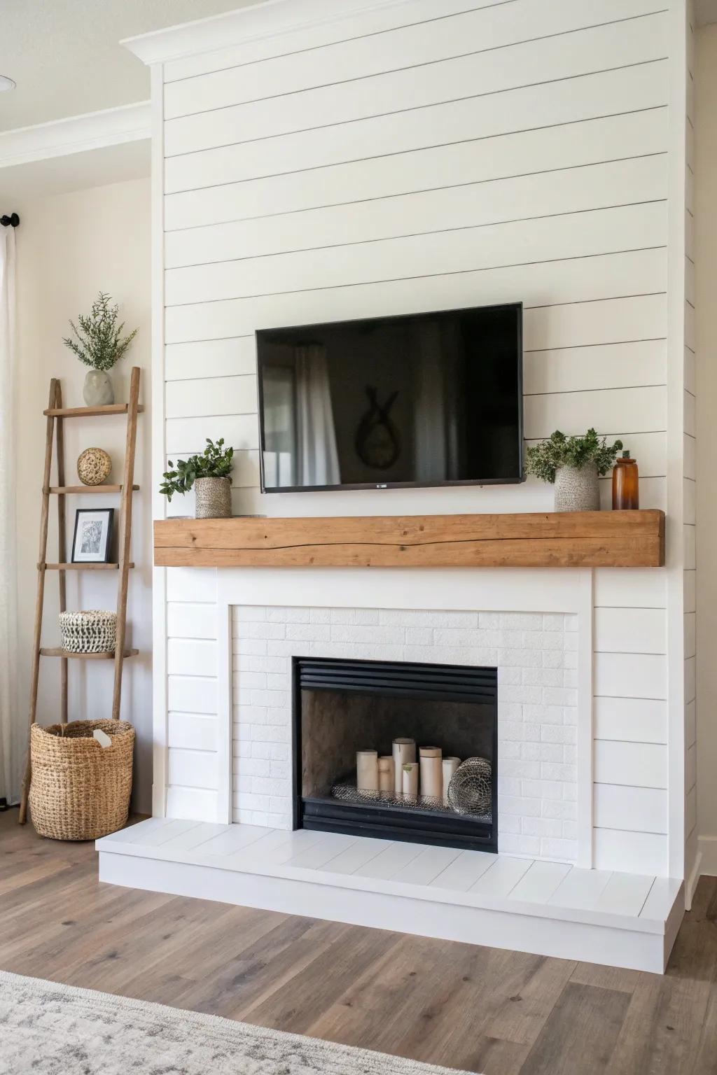 Simple shiplap fireplace emphasizing unadorned lines and simplicity.