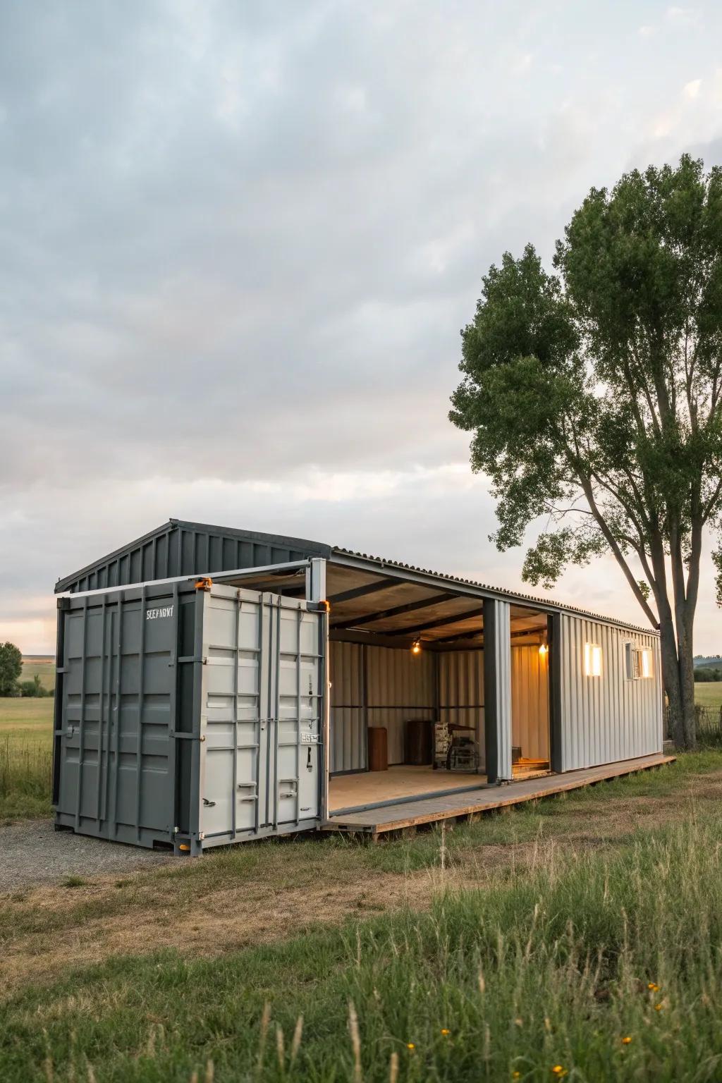 A shipping container barn designed for future expansion.