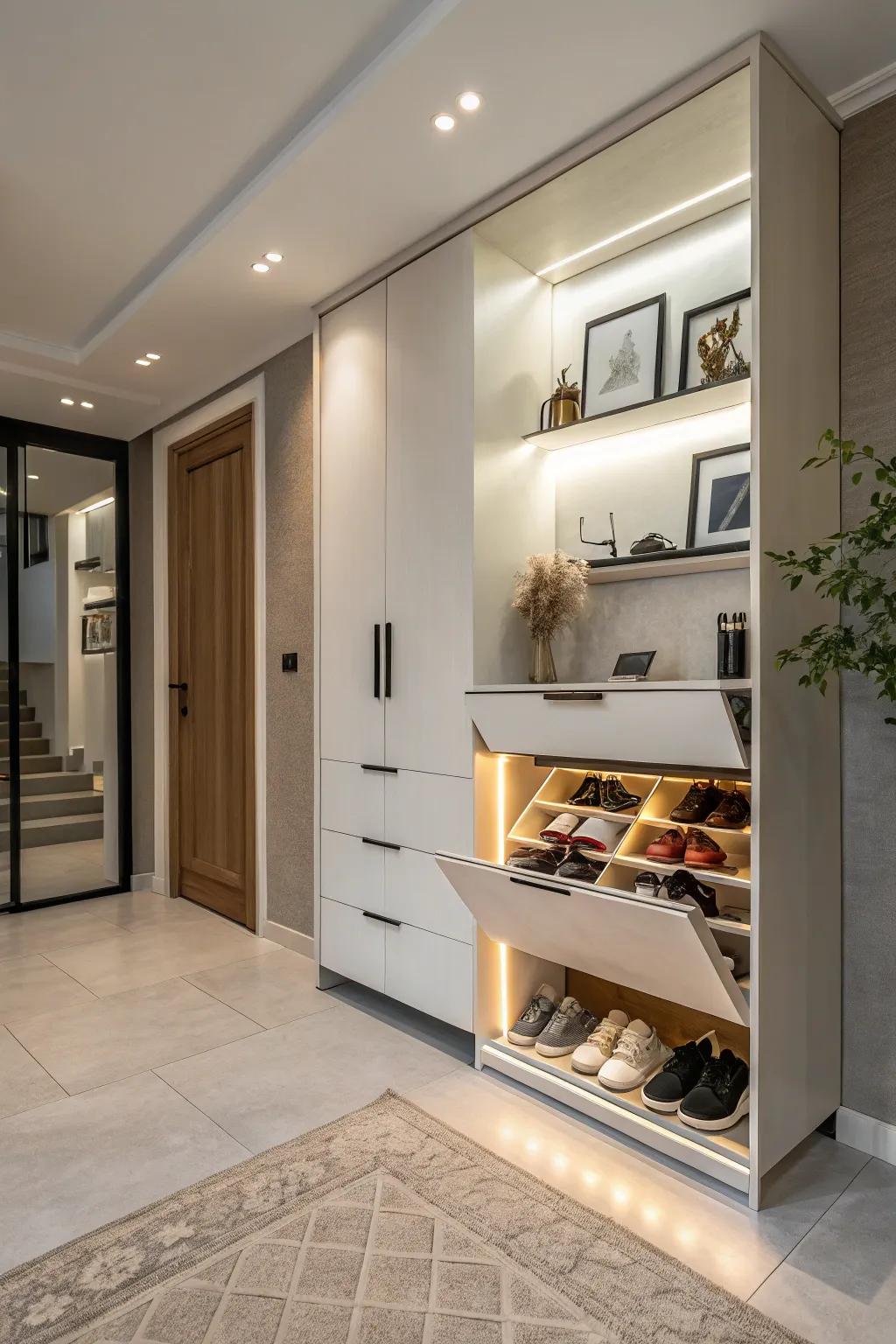 A modern floating footwear closet crafts an open and airy feel.