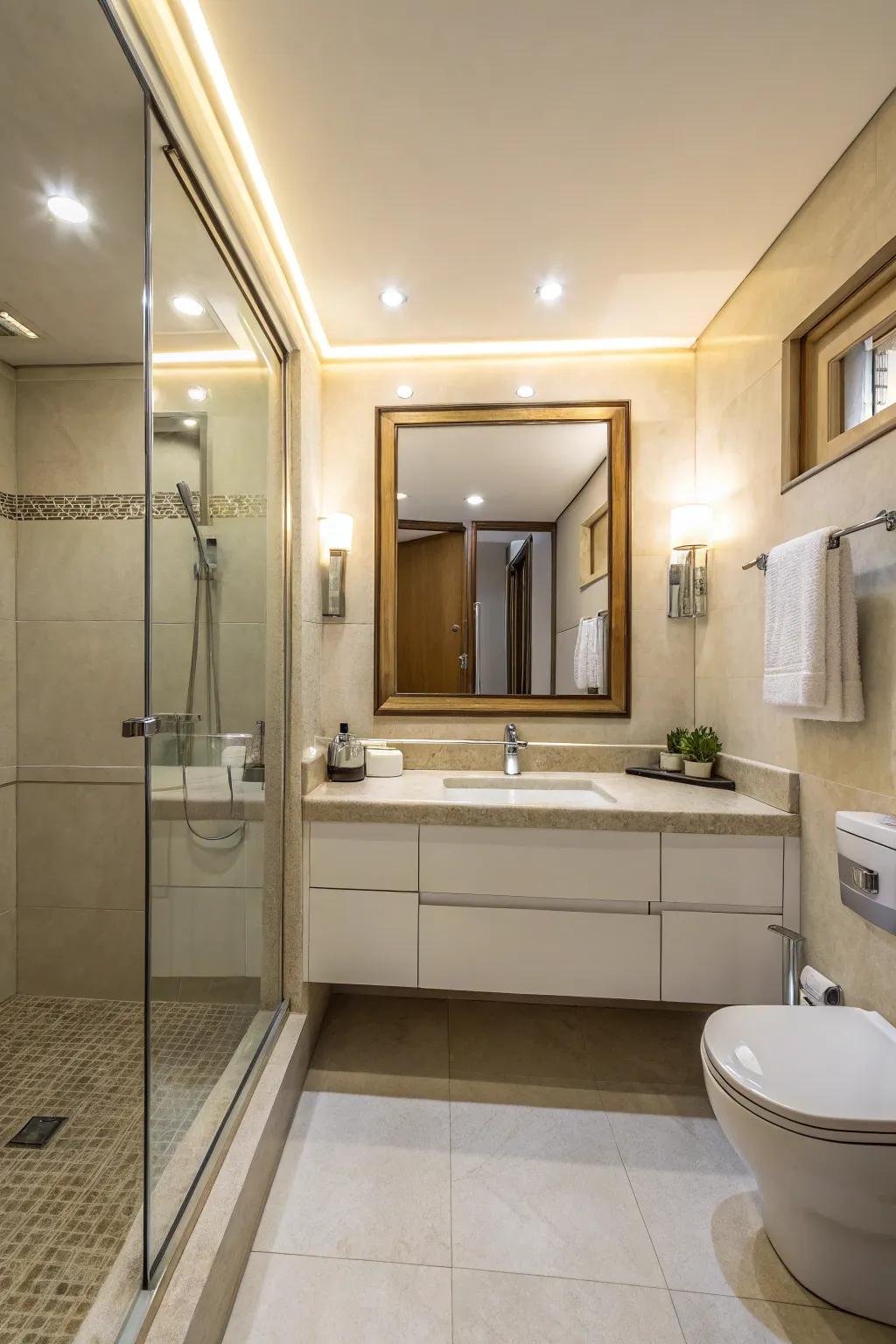 Reflectors amplify light and space, perfect for tight bathrooms.