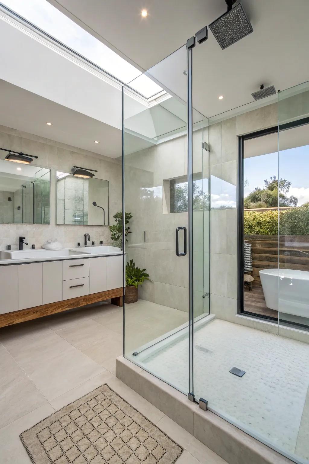 A seamless and contemporary washroom featuring borderless glass displays.