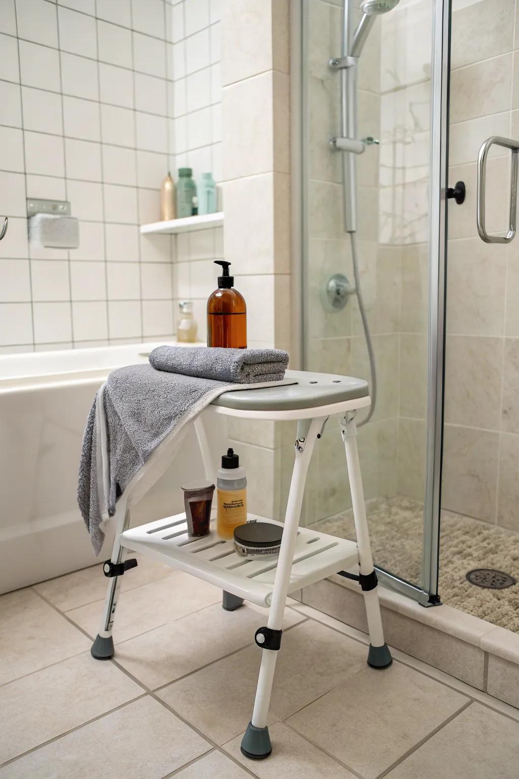 Shower stools provide a dual-purpose answer for seating and storage.