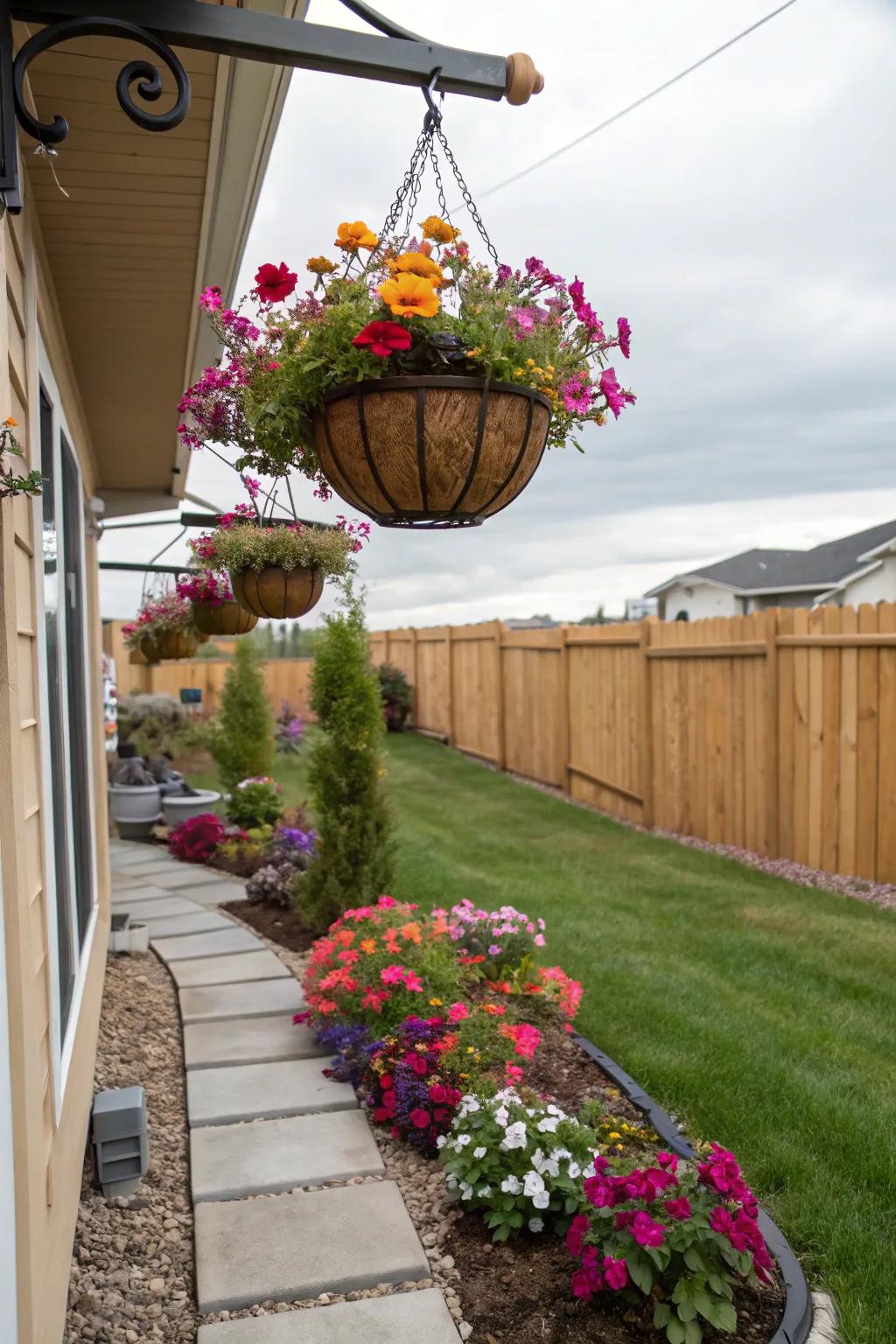 Hanging planters introduce vertical interest to your patio.