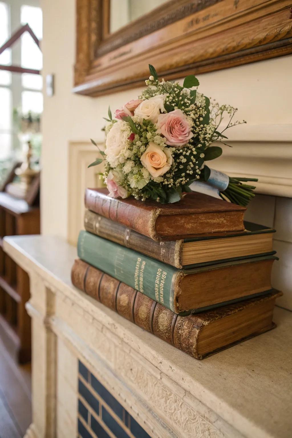 Literary layers establishing a nostalgic arrangement on the mantel.