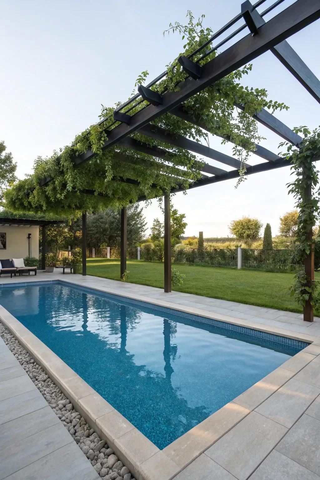A modern pergola delivers shade and a fashionable focal point.