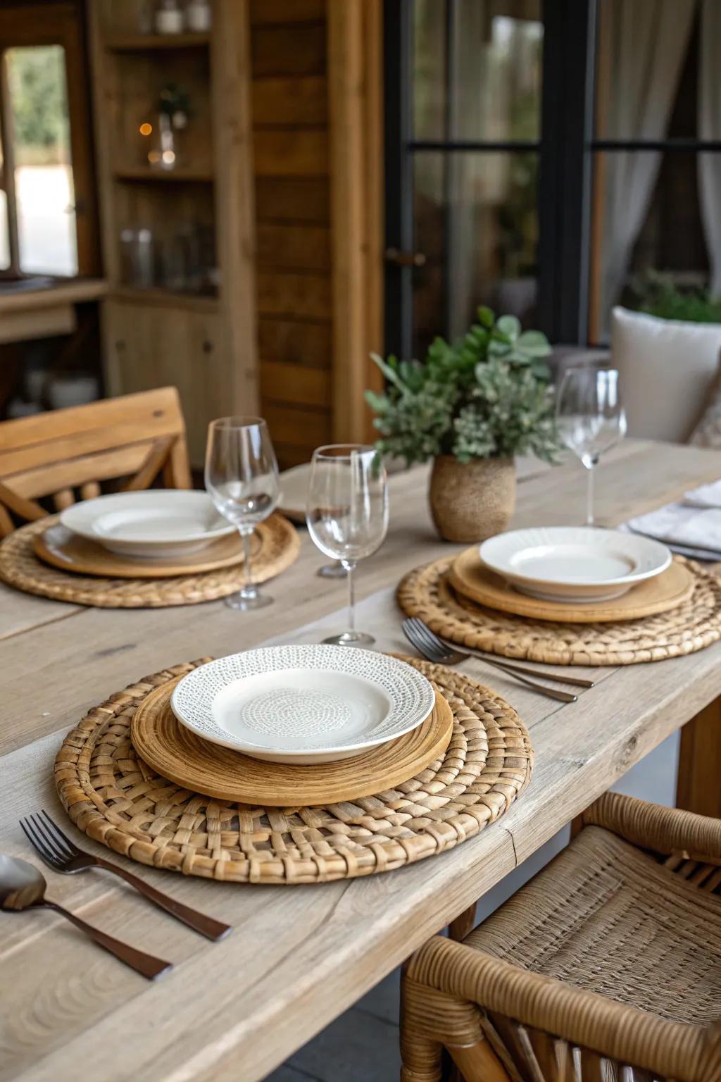 Reed chargers providing texture to a rustic table presentation.