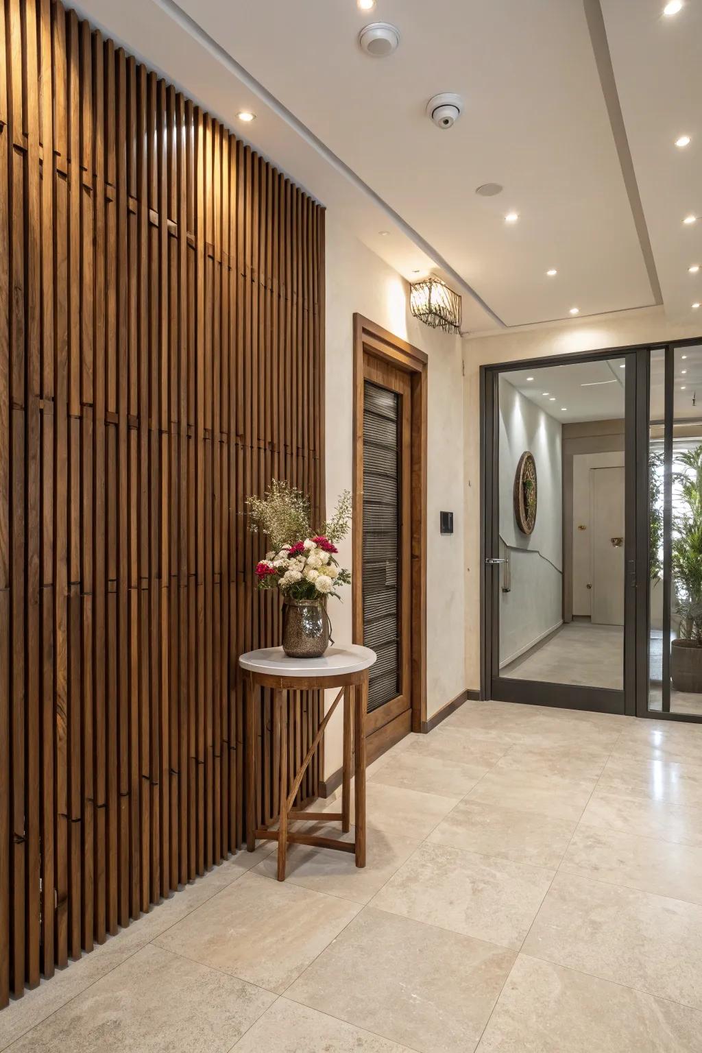 An entranceway showcasing a polished lumber strip wall that yields a superb initial impression.
