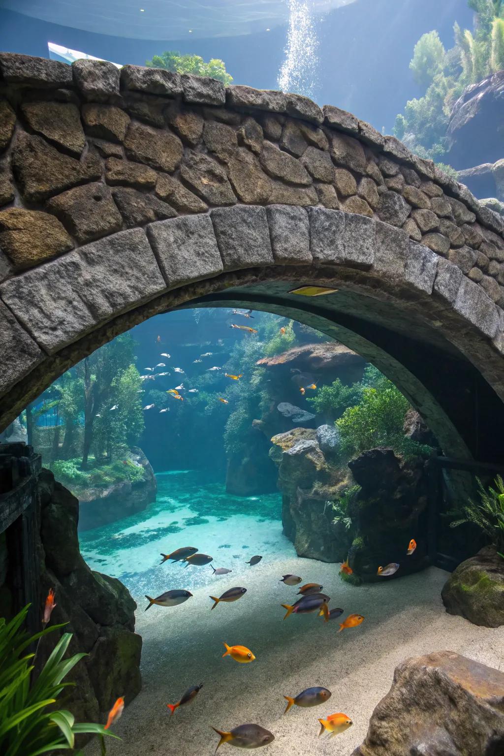 A delightful graystone bridge inside a personal aquarium.