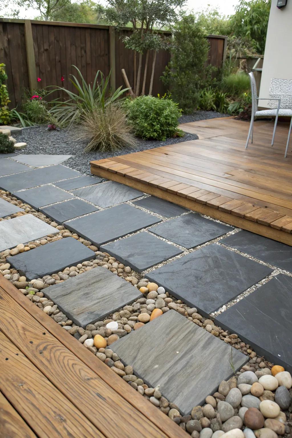 A slate patio with a creative intermix of materials.