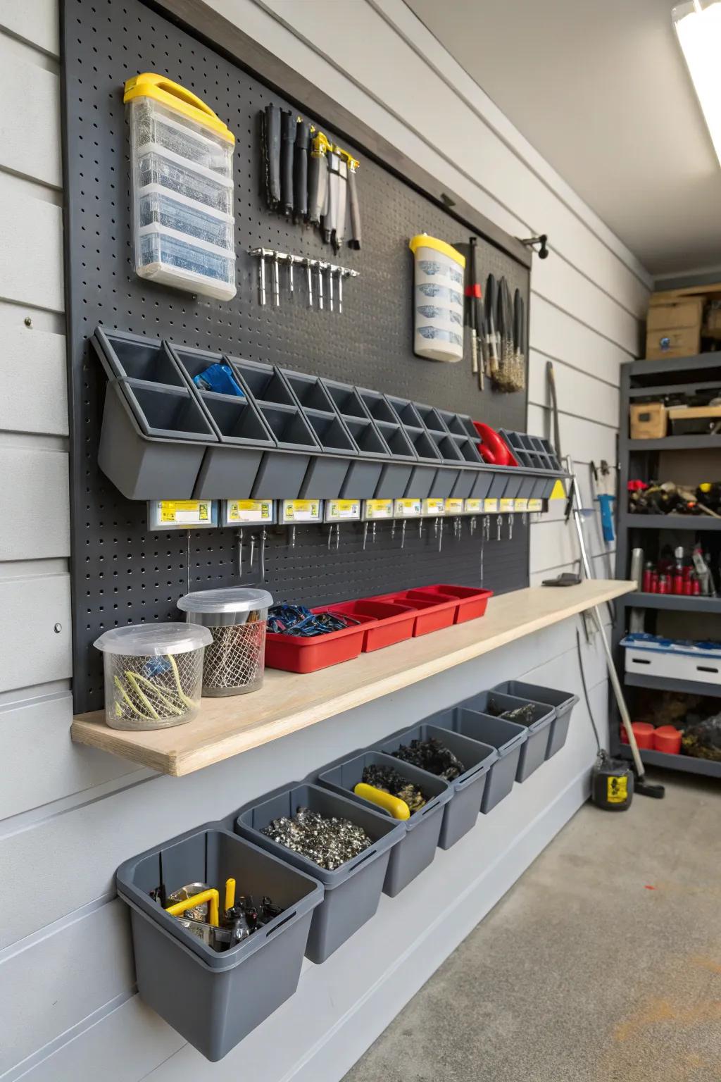 Tip-out bins on a panel-track organize small items efficiently.