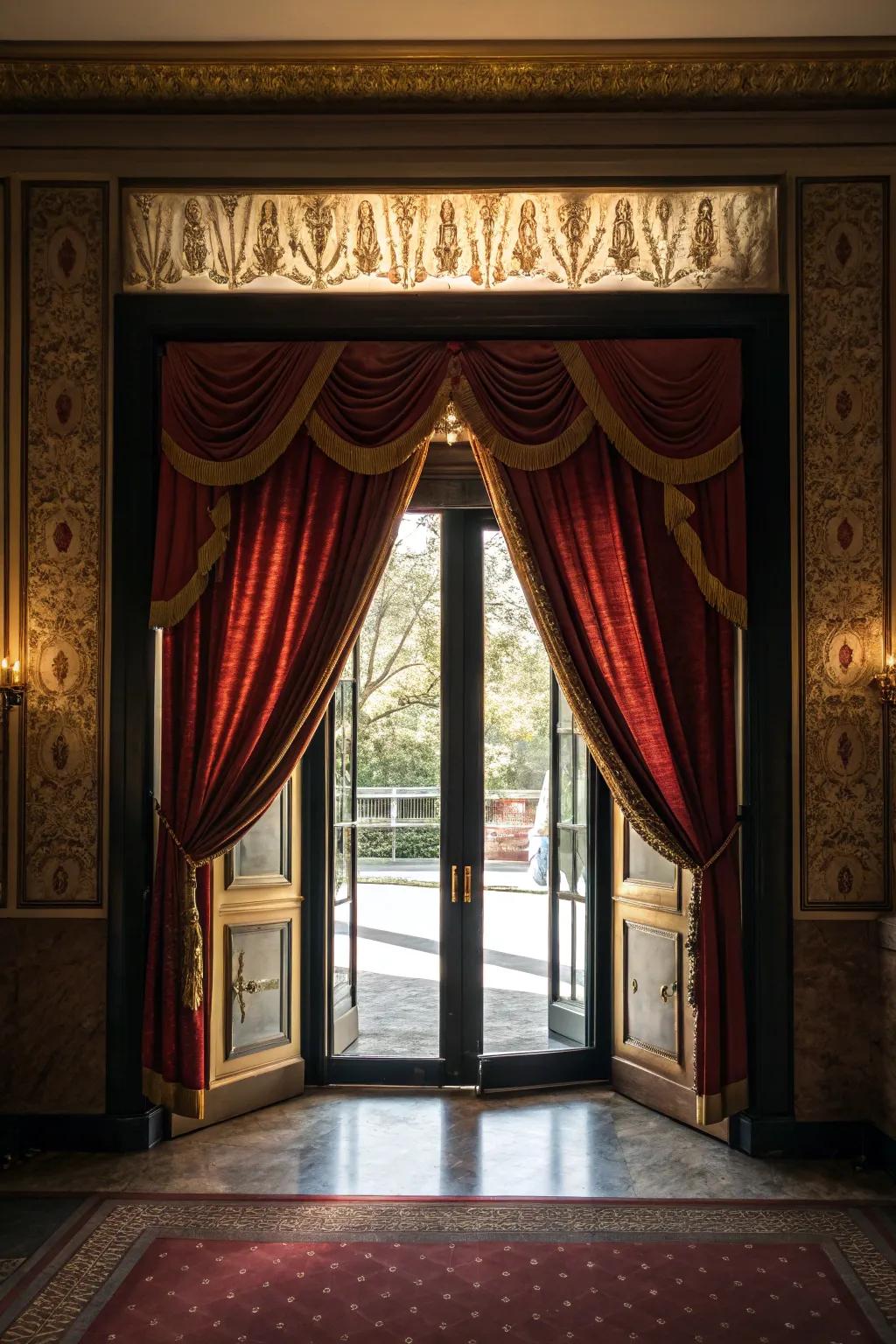 Add drama by placing a striking cornice over your drapes.