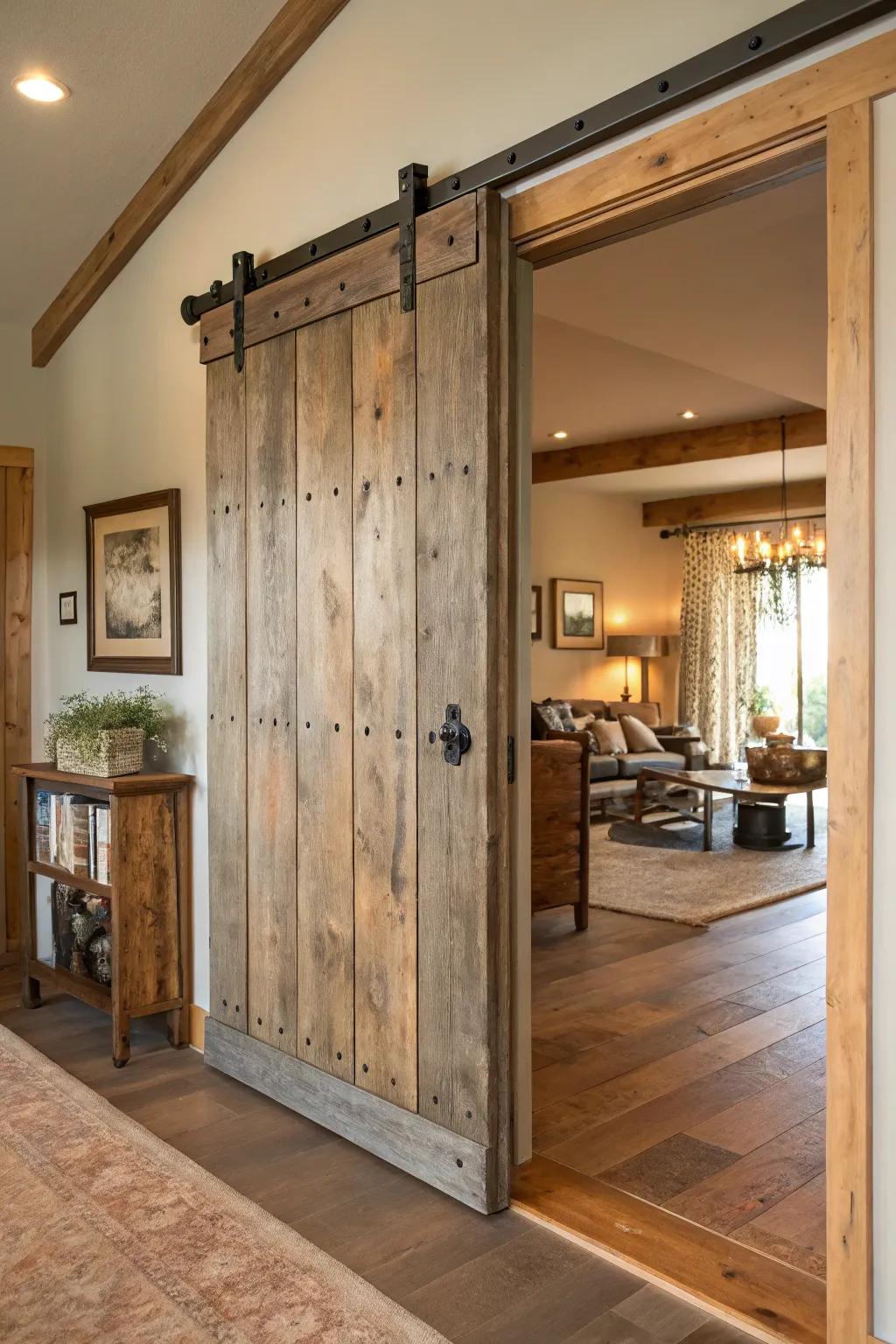 An eco-friendly sliding door crafted from reclaimed wood enhances this room.