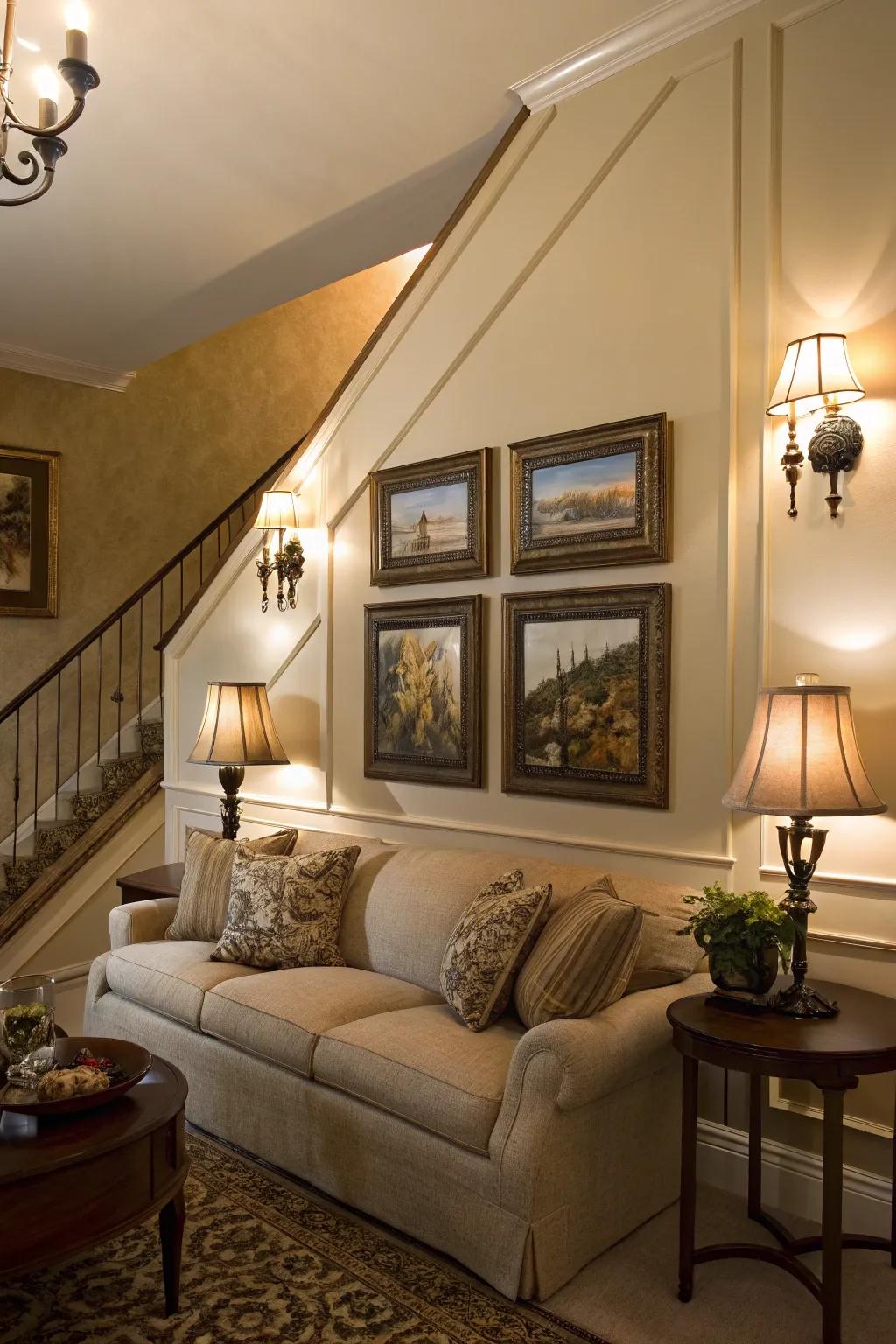 Wall sconces offer accent lighting that emphasizes architectural details.