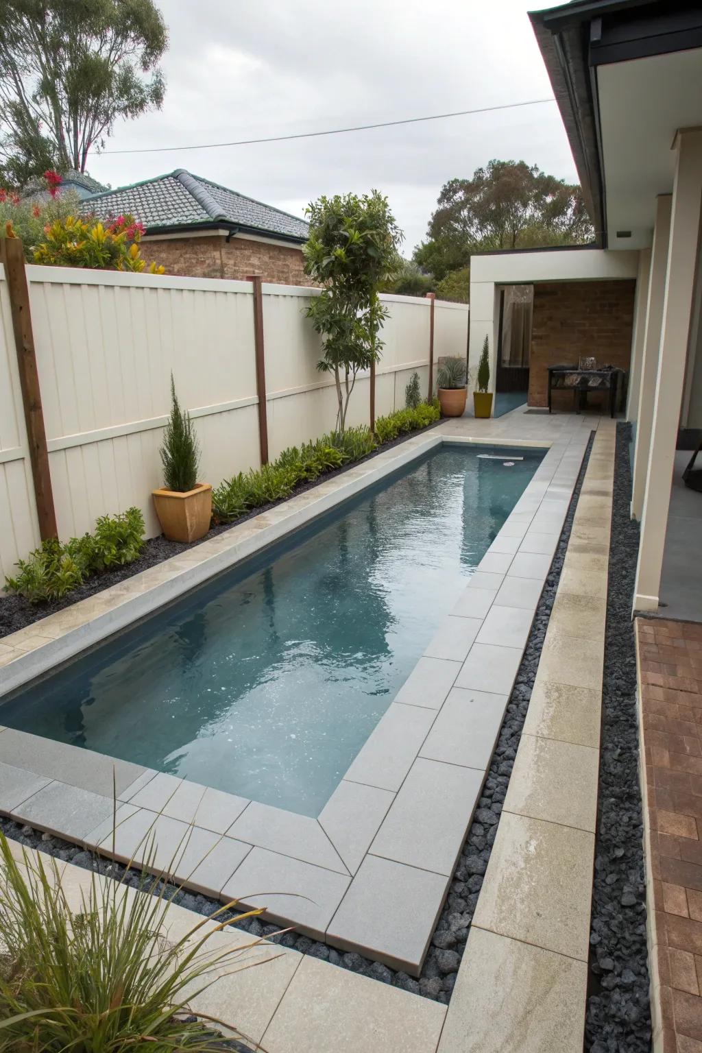 Slimline swim pool for fitness and joy.