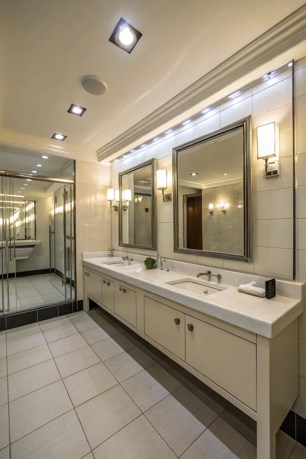 Full-length mirrors create an illusion of space in a small bathroom.