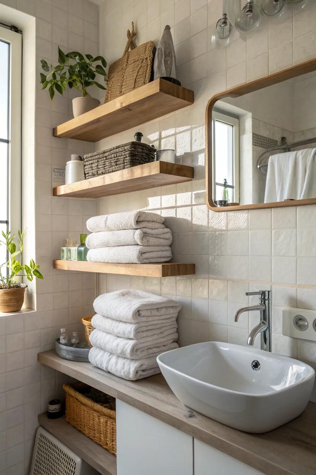 Sleek and modern: floating shelves for towel storage.