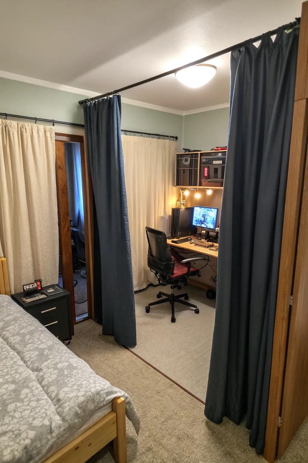 Curtains can delineate specific areas in your small gaming room.
