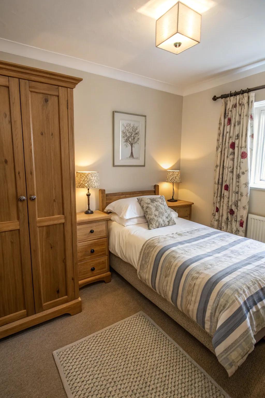 A compact bedroom presenting proportionate furniture for a balanced appearance.