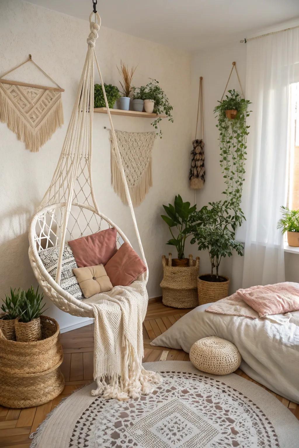 Unexpected aspects similar to a suspending seat inject a wow determinant into this boho bedroom