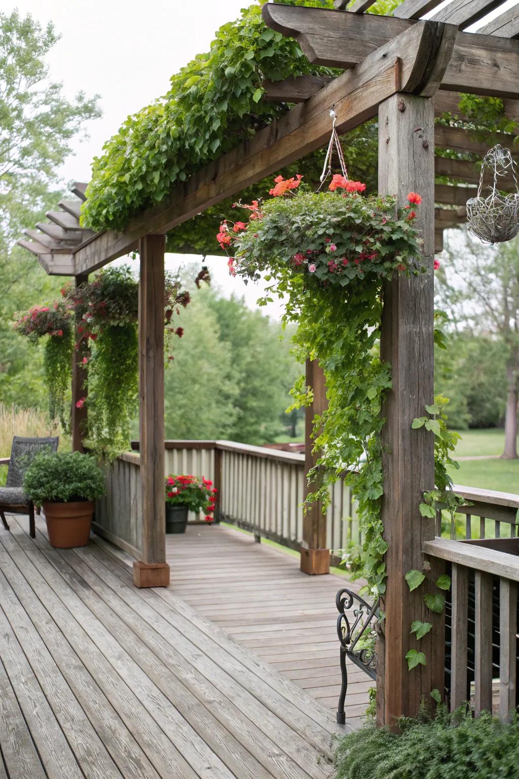 A rustic pergola offering shade on a compact deck.