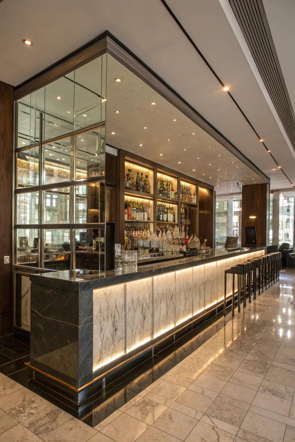 Reflective paneling expands a refreshment station.