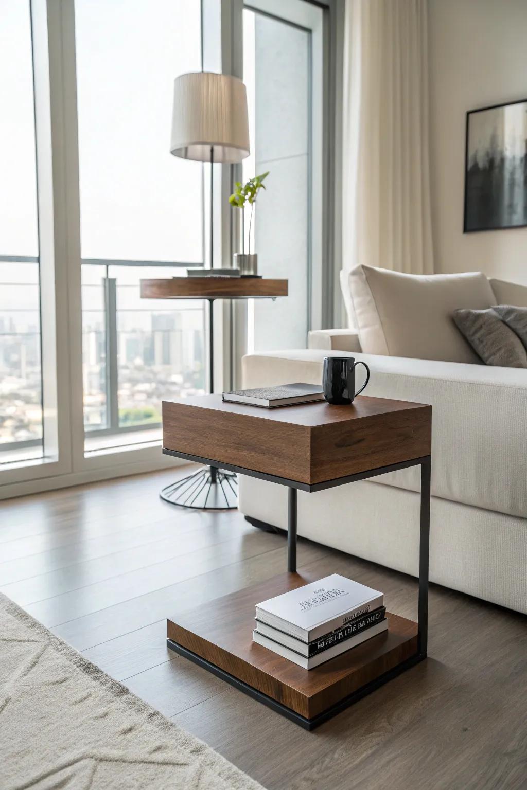 A floating end table creates a sense of space in a minimalist apartment.