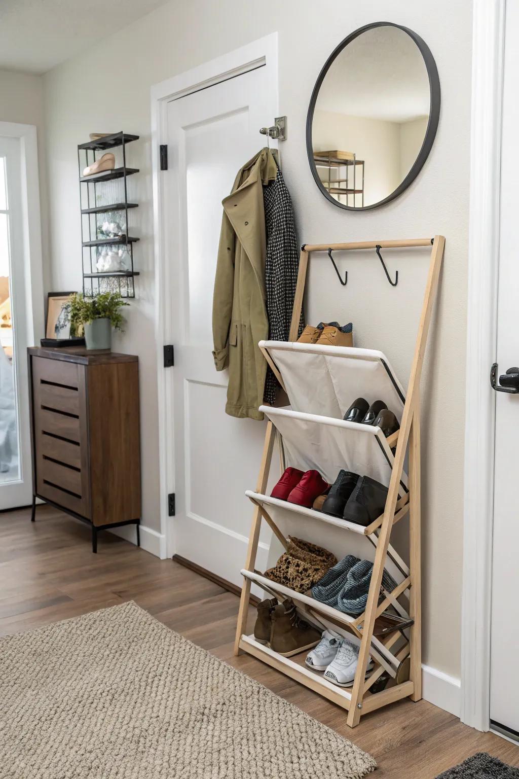 Foldable racks offer flexible and temporary footwear storage.