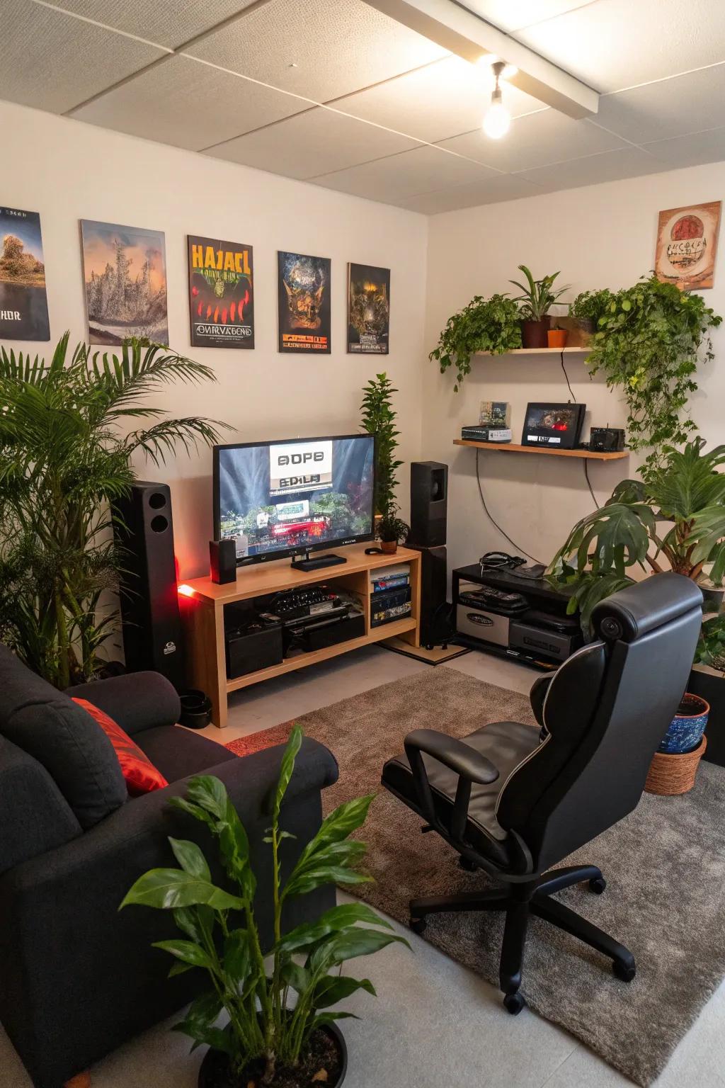 Houseplants deliver a calming touch to your gaming space.