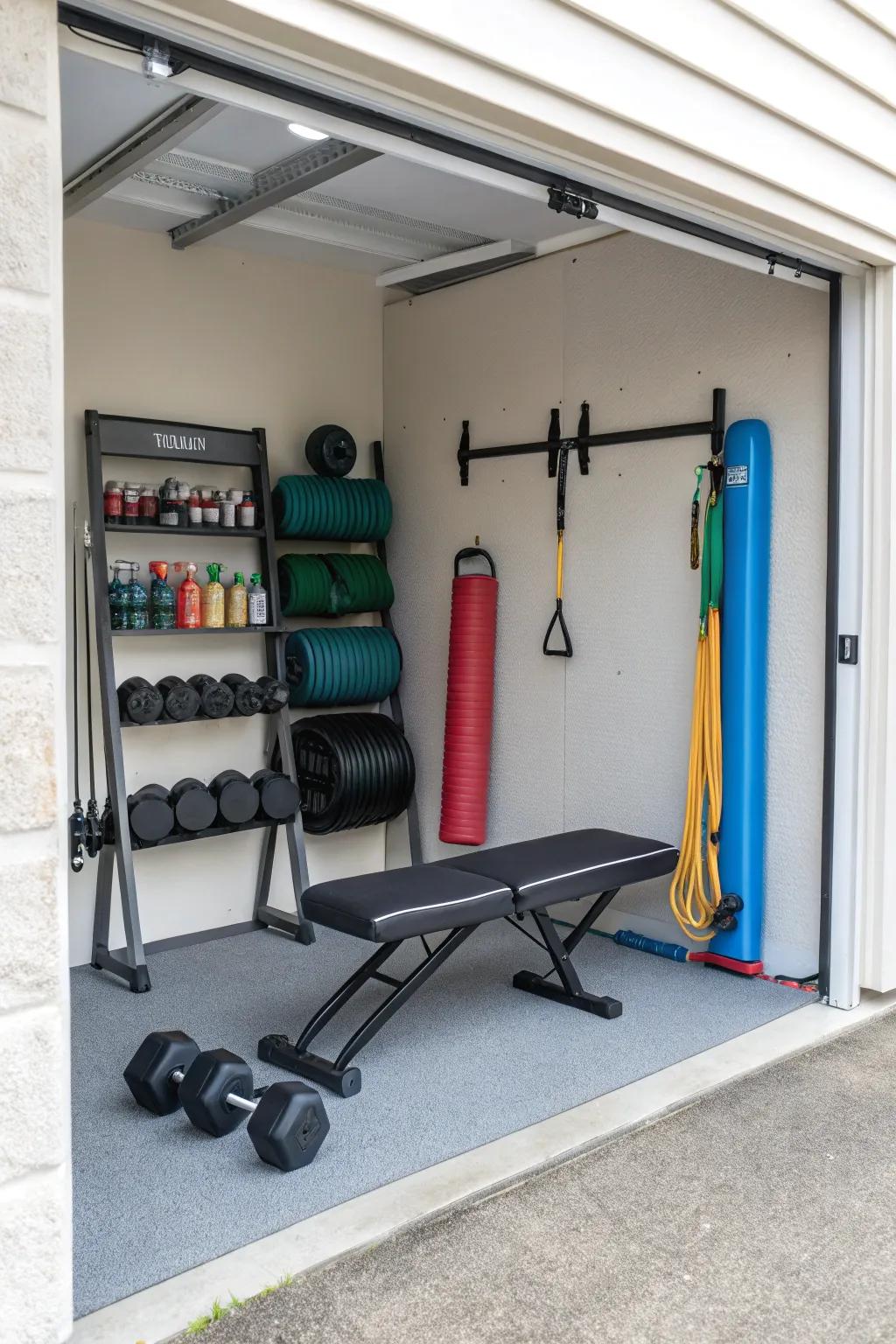 A foldable workout spot adds flexibility to your garage's function.