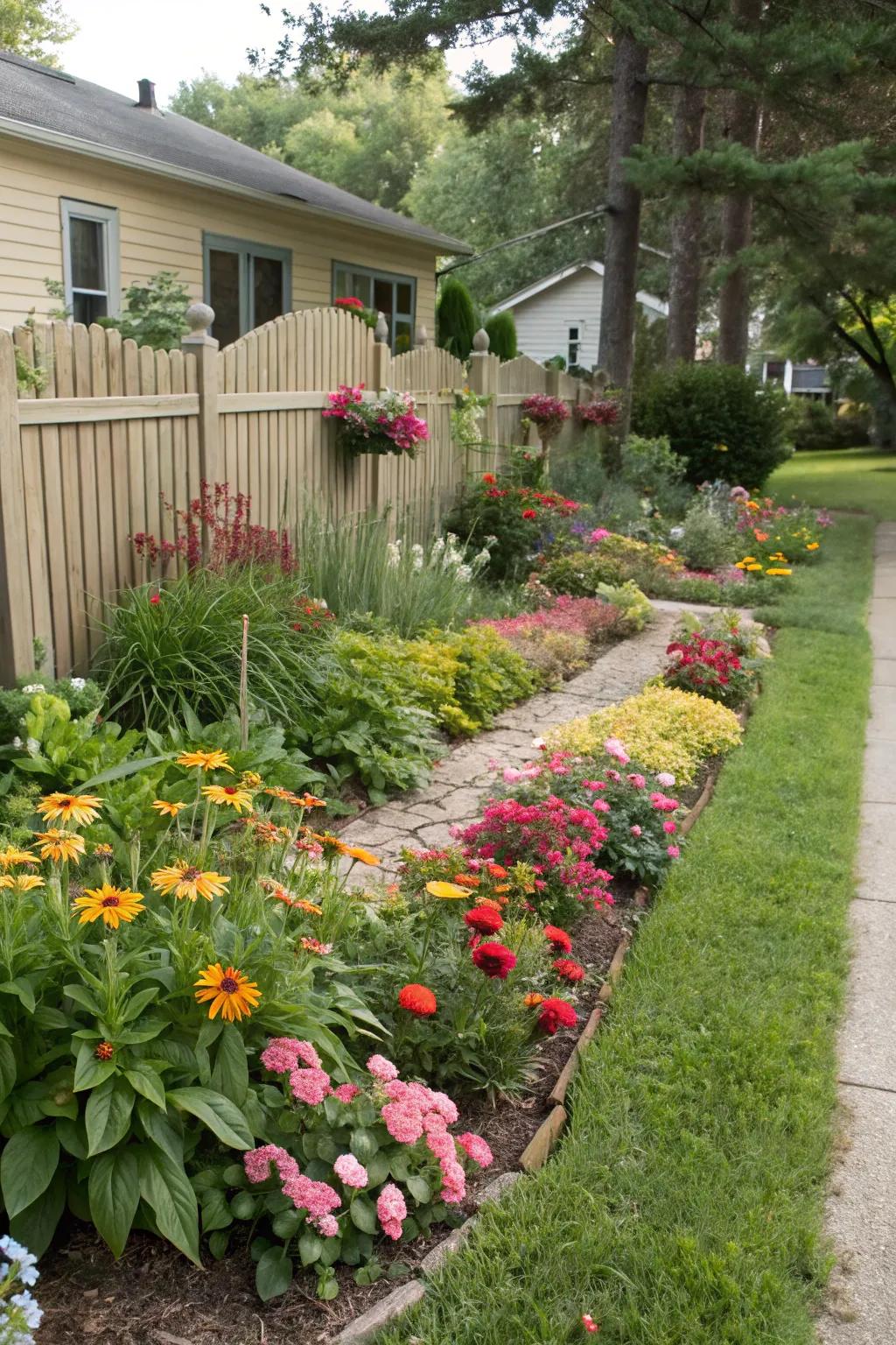 Front lawn garden beds fashion a welcoming and chromatic threshold.