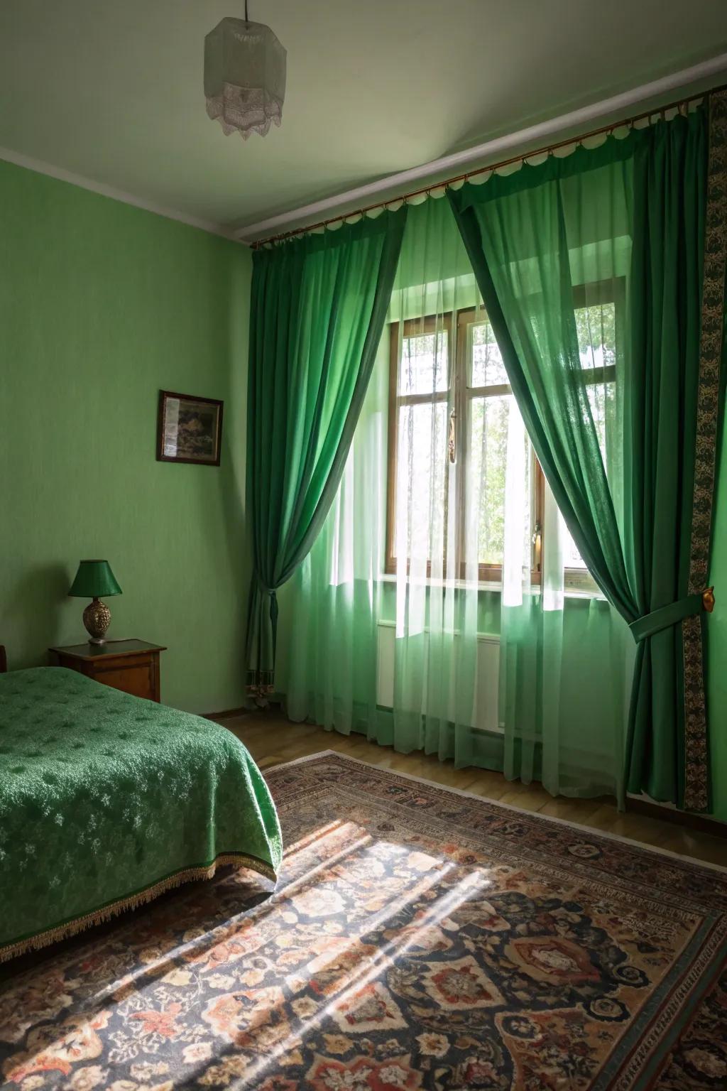 Green fabrics introduce color and texture subtly.