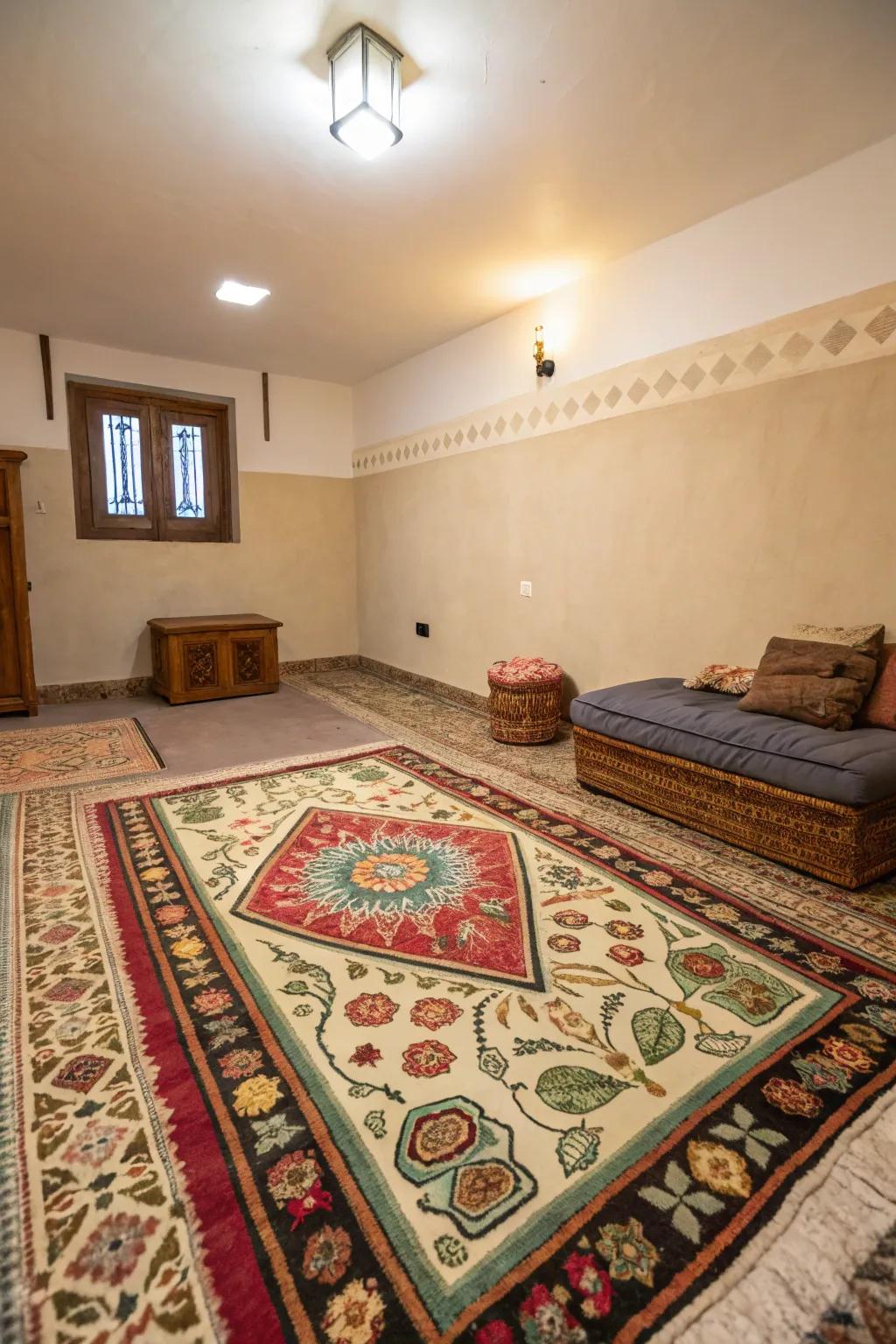 Large rugs define and warm the space.