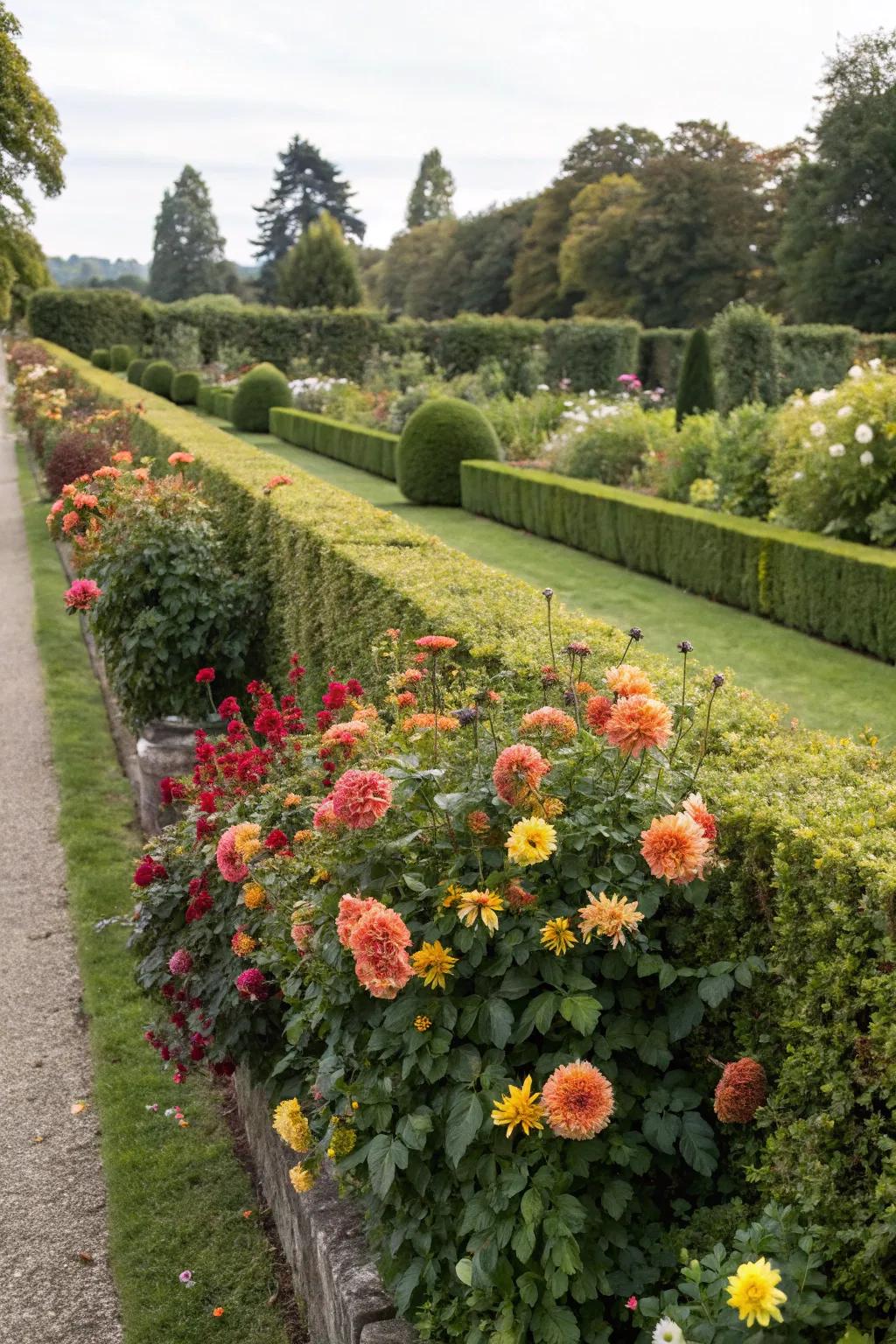 Seasonal blooms appending dynamic beauty to green fences.