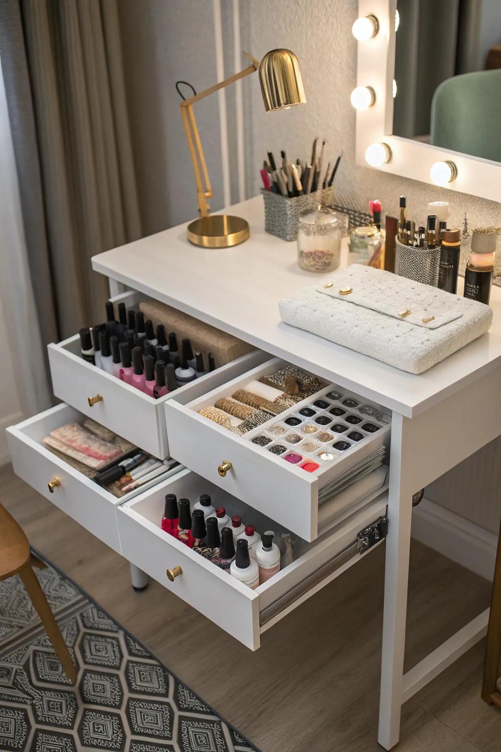 Sub-table coordination maintains necessary items discreetly concealed yet easily accessible.